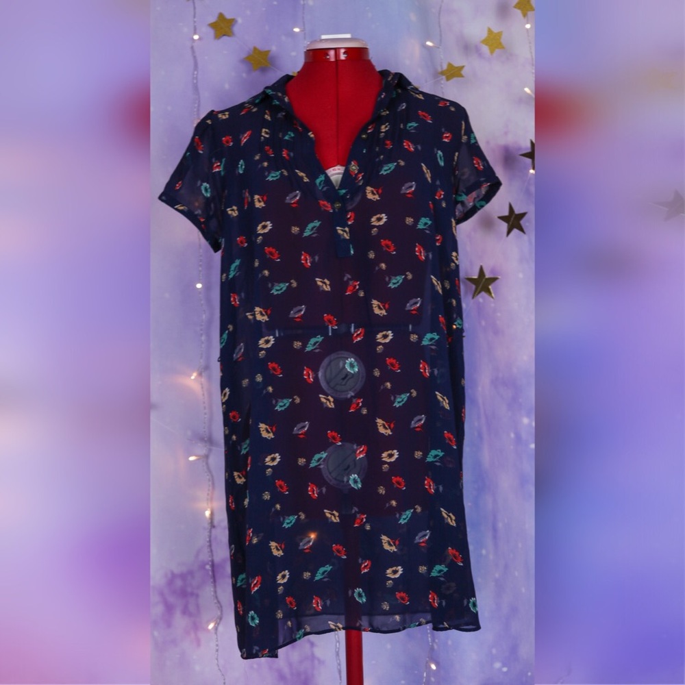 Long dark blue sheer blouse dress flower print